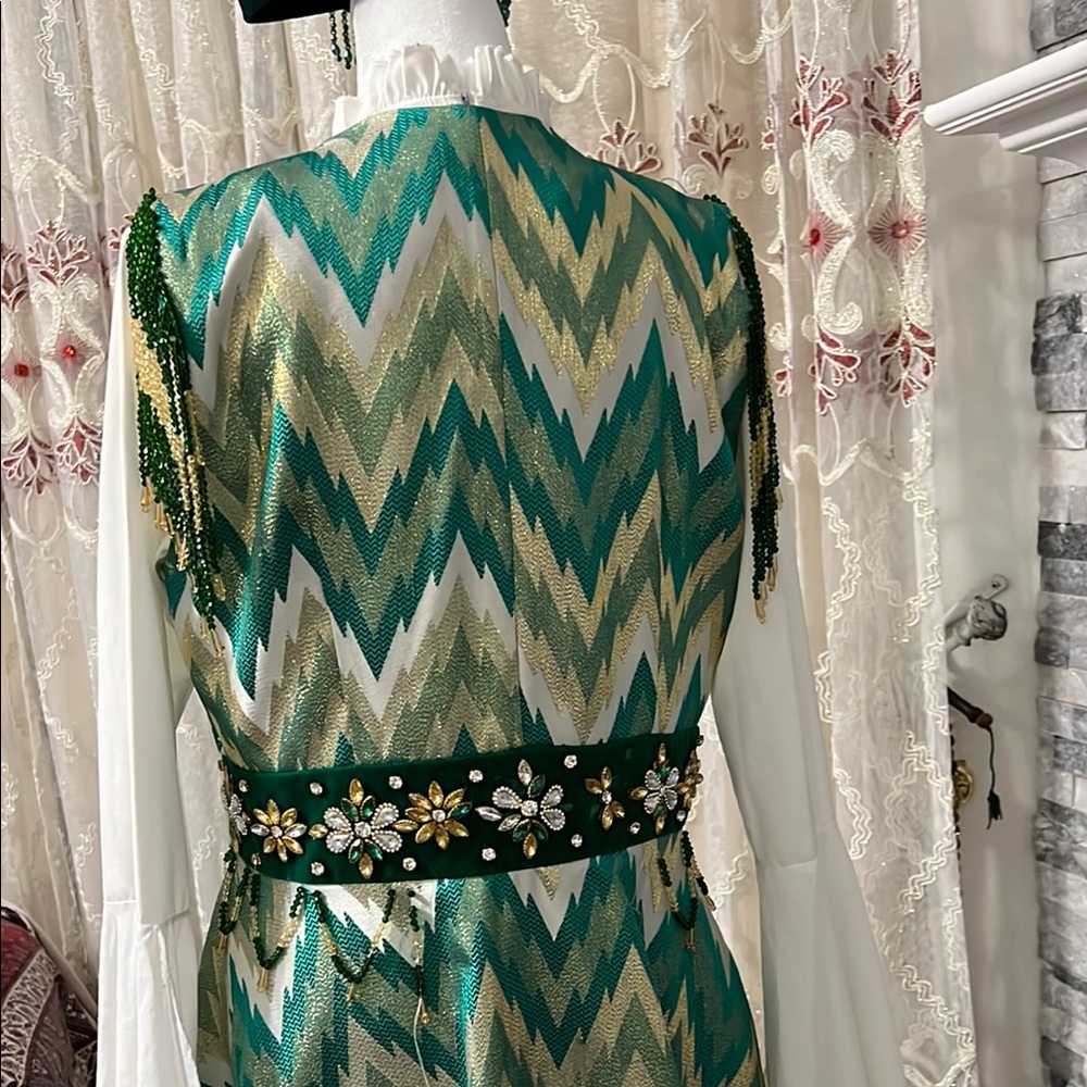 Turkish Embellished Green Vest with Gold beaded and rhinestones 3 pieces - Picture 6 of 14